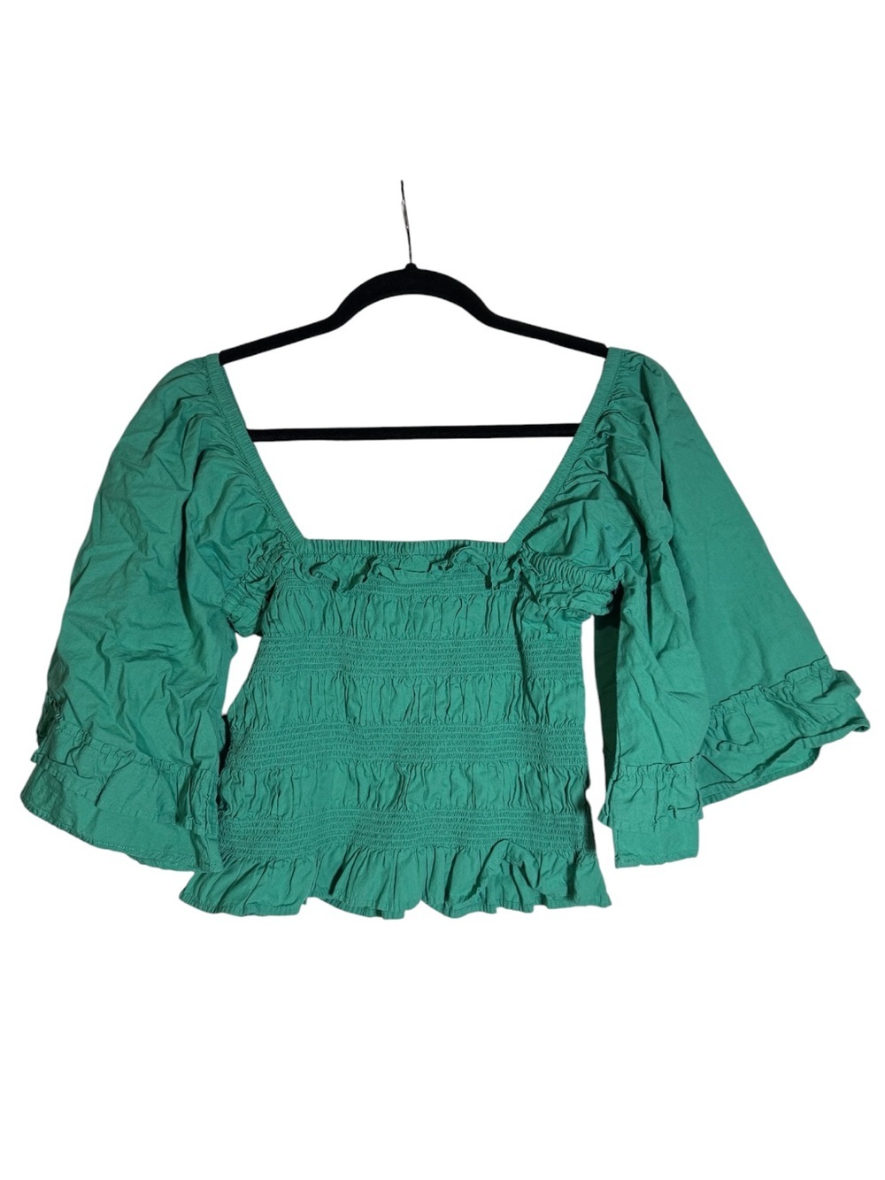Free People Smocked Top Off The Shoulder Square Neck Bell Sleeves Green Size L - Picture 2 of 7